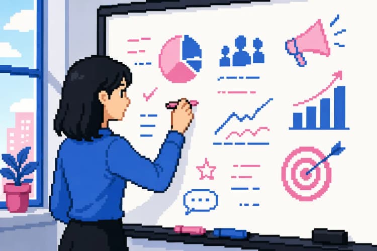 Uma pessoa escrevendo em um quadro branco com gráficos e palavras-chave sobre marketing de conteúdo.