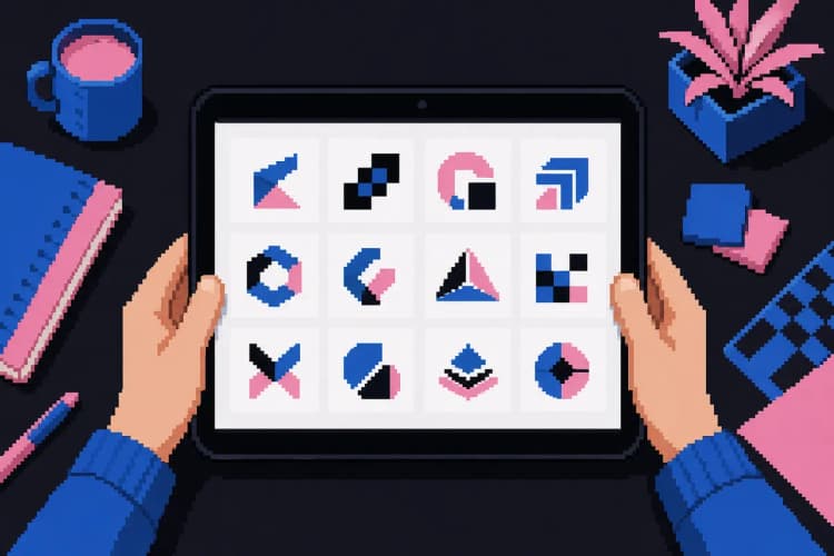 Uma pessoa escolhendo entre várias opções de logotipos em um tablet.