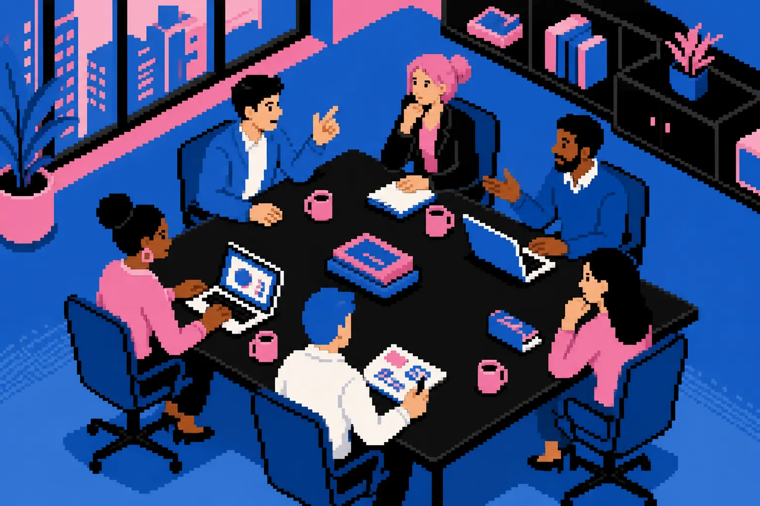 Um grupo de pessoas discutindo ideias em uma sala de reunião moderna, com quadros brancos e post-its nas paredes.