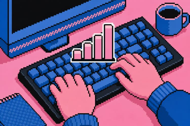 Uma pessoa digitando em um teclado de computador com um ícone de gráfico de barras sobreposto.
