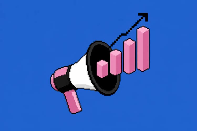 Um ícone de megafone com um gráfico de barras ascendente saindo dele, sobre um fundo azul.