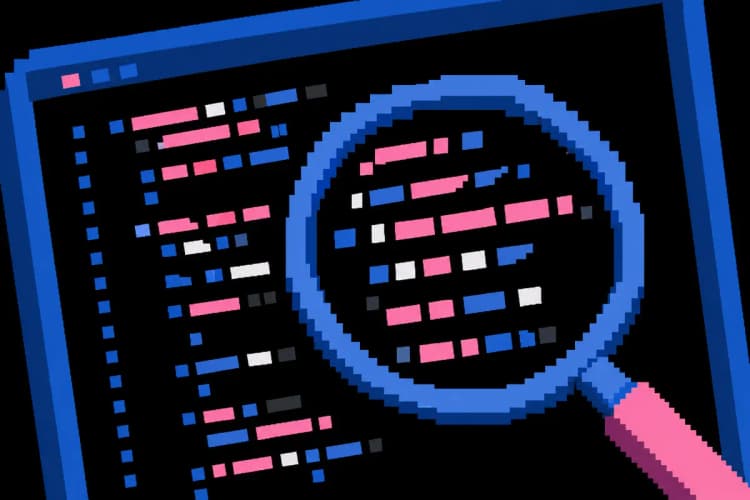 Uma lupa examinando linhas de código em uma tela de computador.