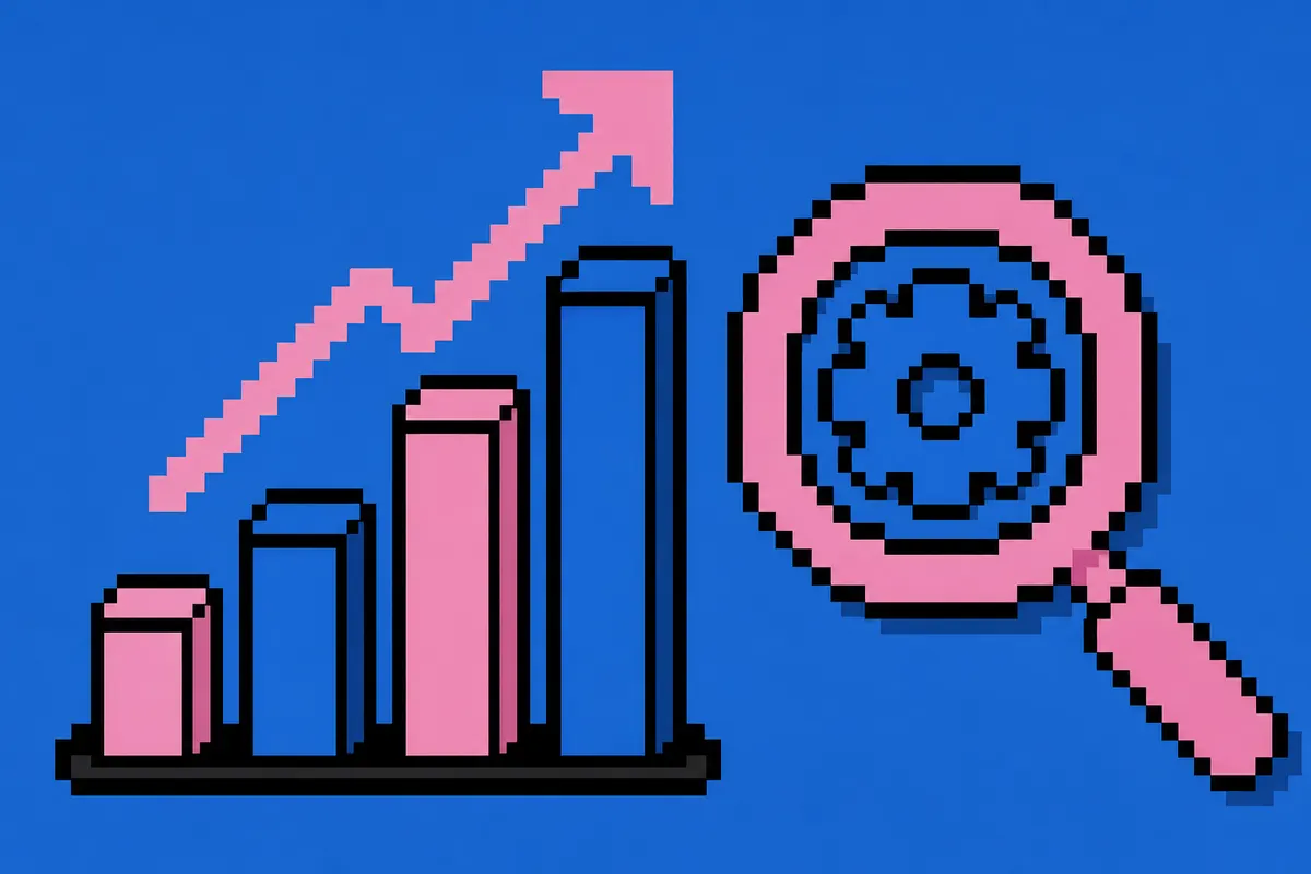 Um gráfico de barras mostrando crescimento, com um ícone de SEO ao lado.