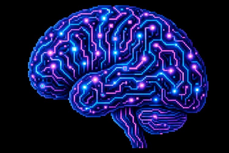 Um cérebro estilizado conectado a circuitos digitais, representando inteligência artificial.
