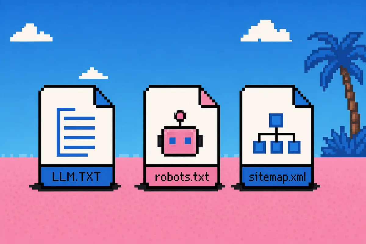 Três ícones representando arquivos: LLM.TXT, robots.txt e sitemap.xml.