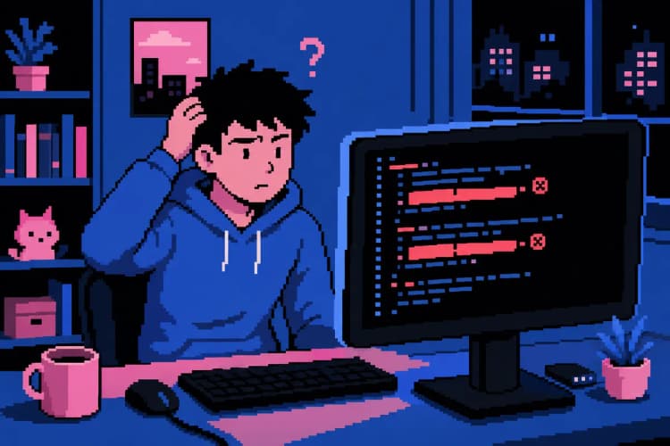 Pessoa com expressão confusa olhando para um código de computador com erros destacados.