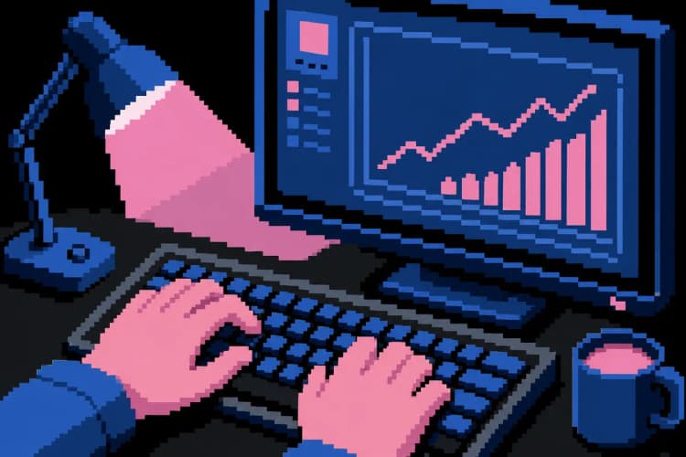 Mãos digitando em um teclado de computador com um gráfico de desempenho de site visível na tela.