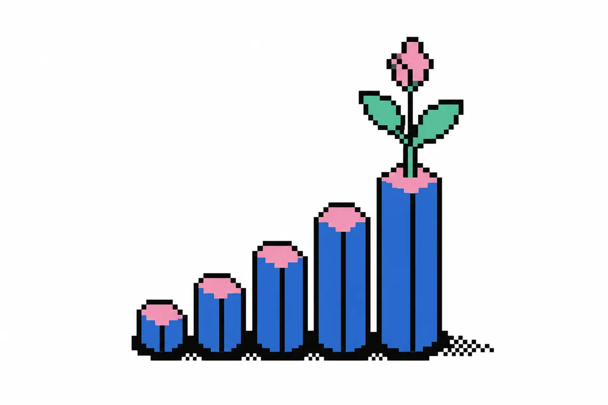 Gráfico de barras subindo com uma planta crescendo no topo, em um fundo branco.