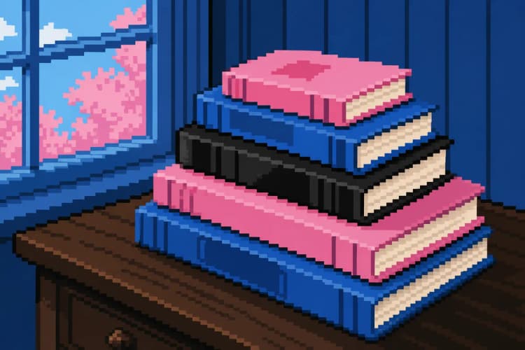 Pilha de livros de diferentes tamanhos e cores sobre uma mesa de madeira escura.