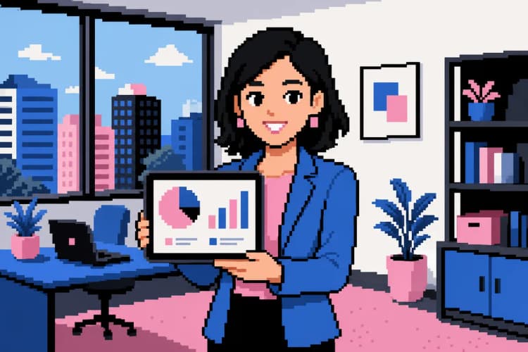 Mulher sorrindo enquanto segura um tablet com um gráfico na tela, em um escritório moderno.