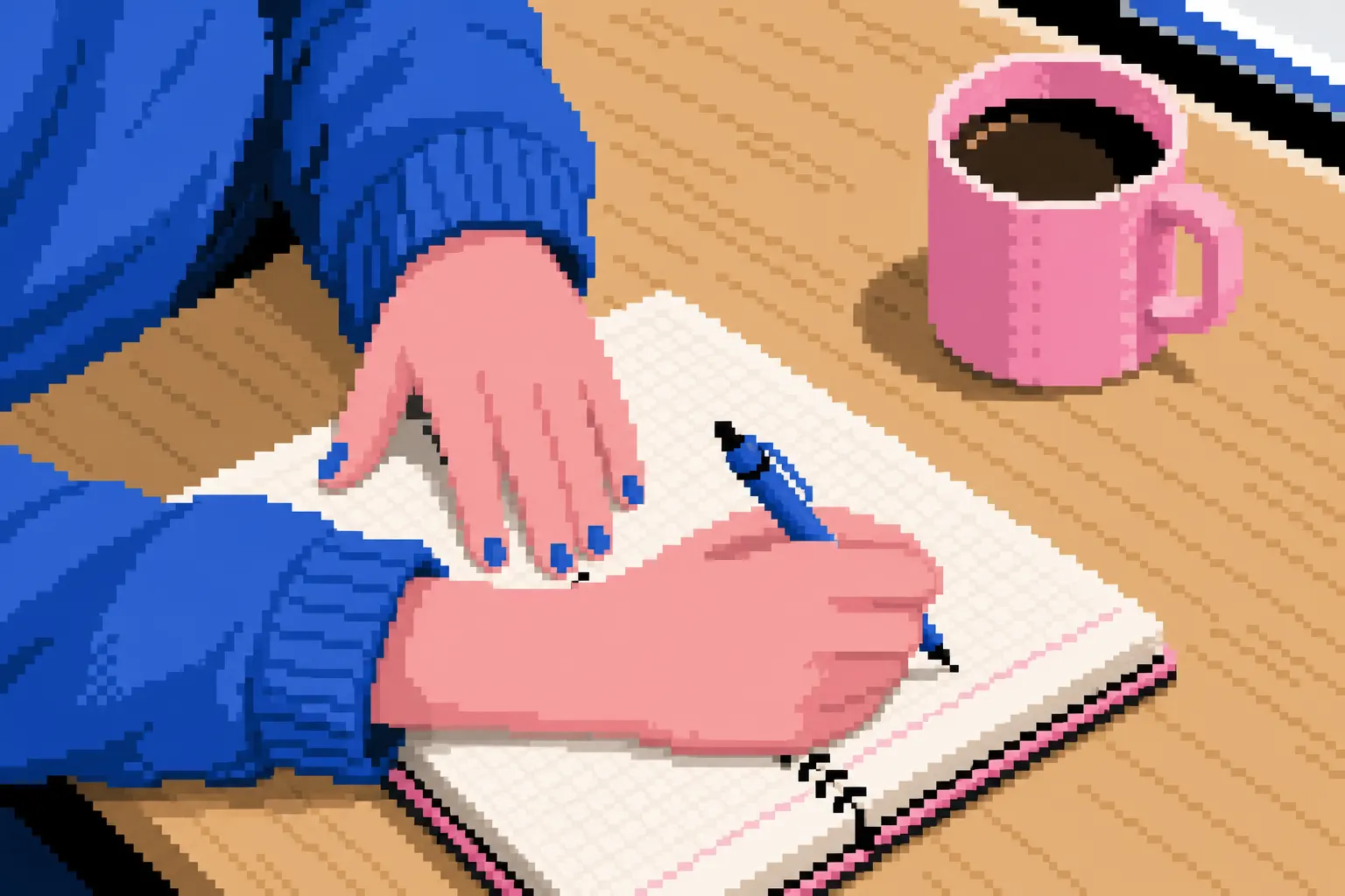 Mulher escrevendo em um caderno com uma caneta, com uma xícara de café ao lado em uma mesa de madeira clara.