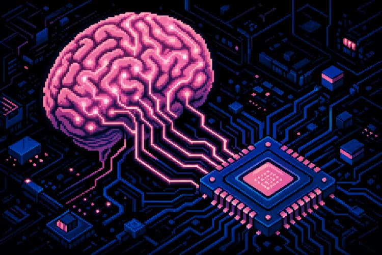 Um cérebro humano estilizado com circuitos brilhantes conectados a um chip de computador.