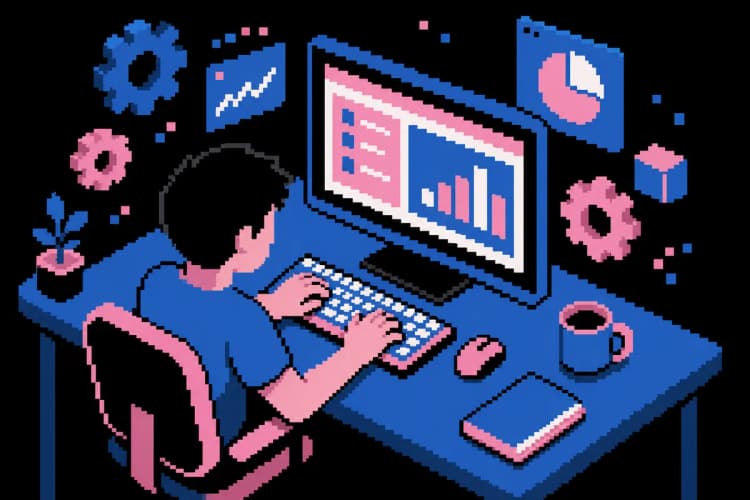 Uma pessoa digitando em um teclado de computador com ícones de engrenagem e gráfico flutuando ao redor.