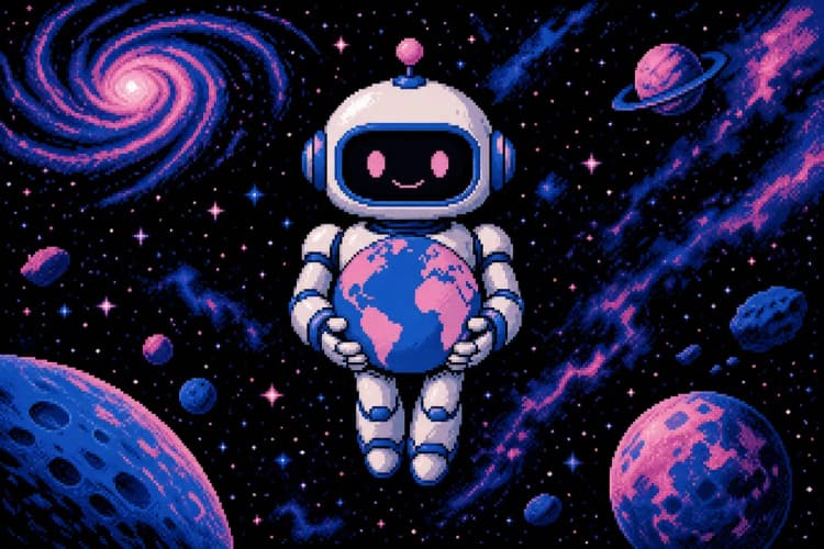 Um robô de chat futurista com um globo terrestre em suas mãos, em um fundo de galáxia.