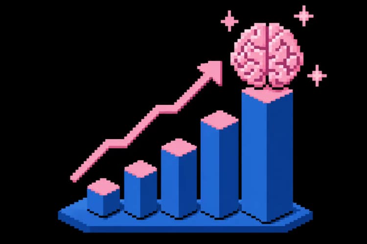 Um gráfico de barras crescente com um ícone de cérebro de IA no topo, em um fundo branco limpo.