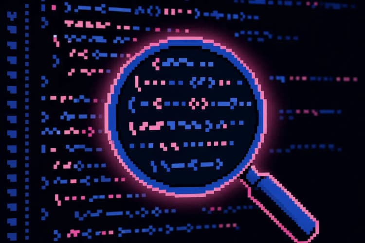 Uma lupa examinando um código de computador em uma tela, com destaque para linhas de código.