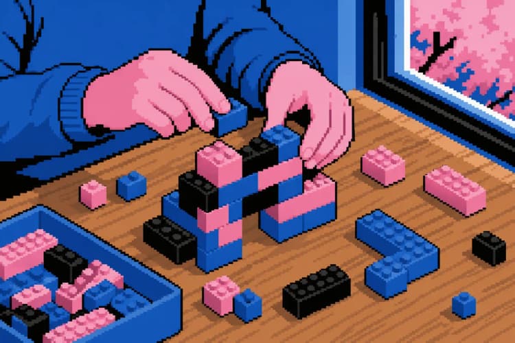 Uma pessoa organizando blocos de construção coloridos em uma mesa de madeira.