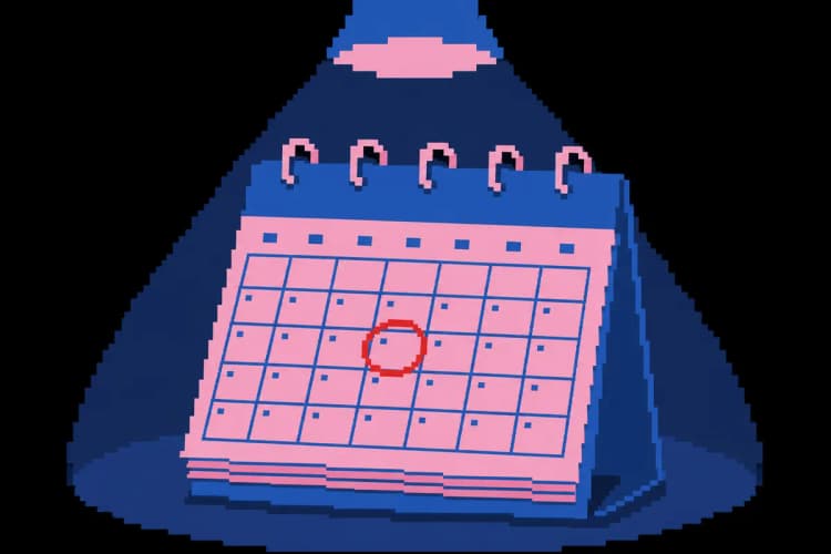 Um calendário com uma data marcada com um círculo vermelho e um ícone de atualização.