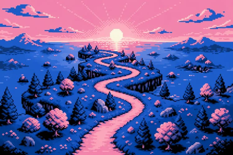 Um caminho sinuoso que leva a um sol brilhante no horizonte, visto de cima.