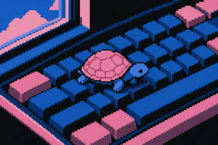 Uma tartaruga andando lentamente em um teclado de computador.