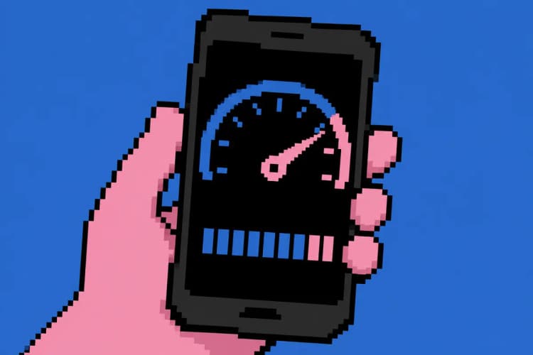 Mão segurando um smartphone exibindo um velocímetro.