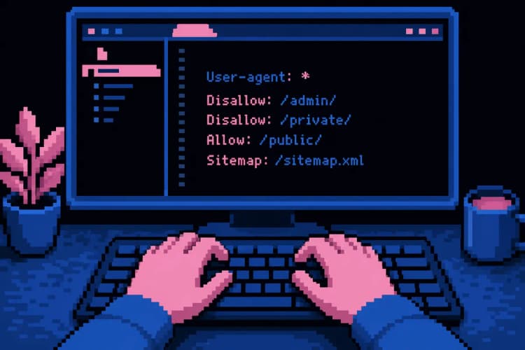 Uma pessoa escrevendo em um teclado de computador com um arquivo robots.txt aberto na tela.