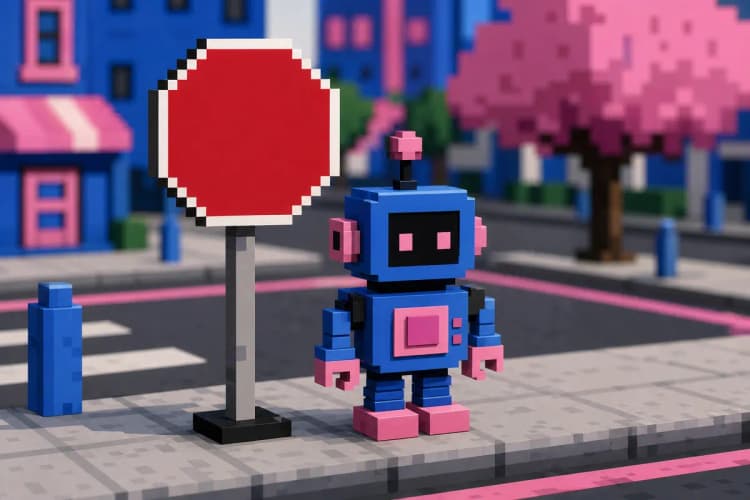 Um sinal de trânsito vermelho com um robô de brinquedo ao lado.