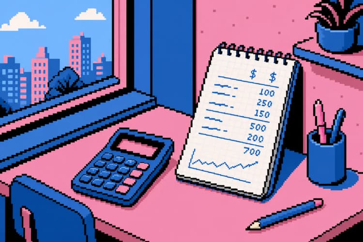 Calculadora ao lado de um bloco de notas com anotações sobre custos e receita.