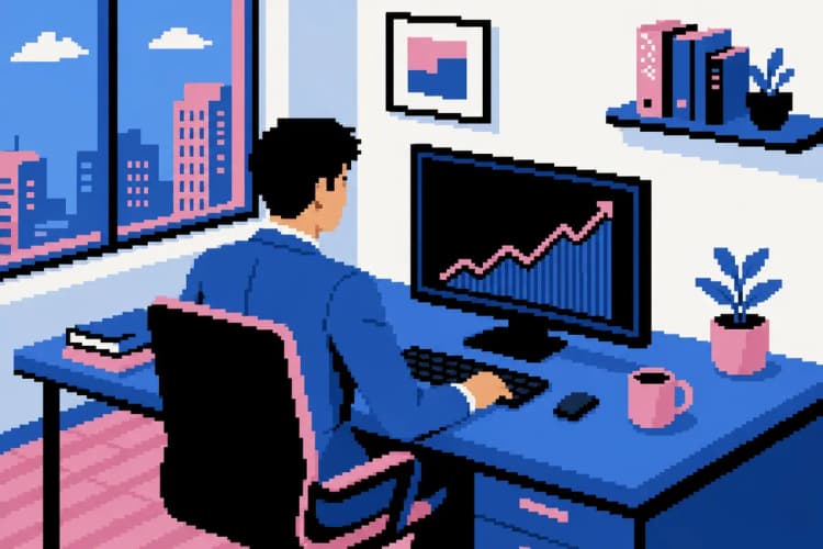 Homem de terno olhando para um gráfico de linha ascendente em uma tela de computador, em um escritório moderno