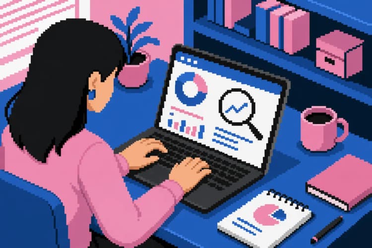 Mulher digitando em um laptop com gráficos de SEO aparecendo na tela, em um ambiente de trabalho organizado