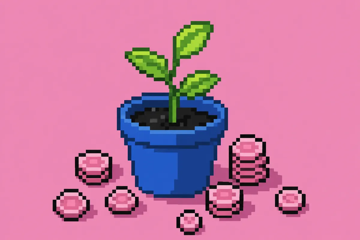 Pequena planta crescendo em um vaso com moedas ao redor, simbolizando o crescimento do investimento em SEO