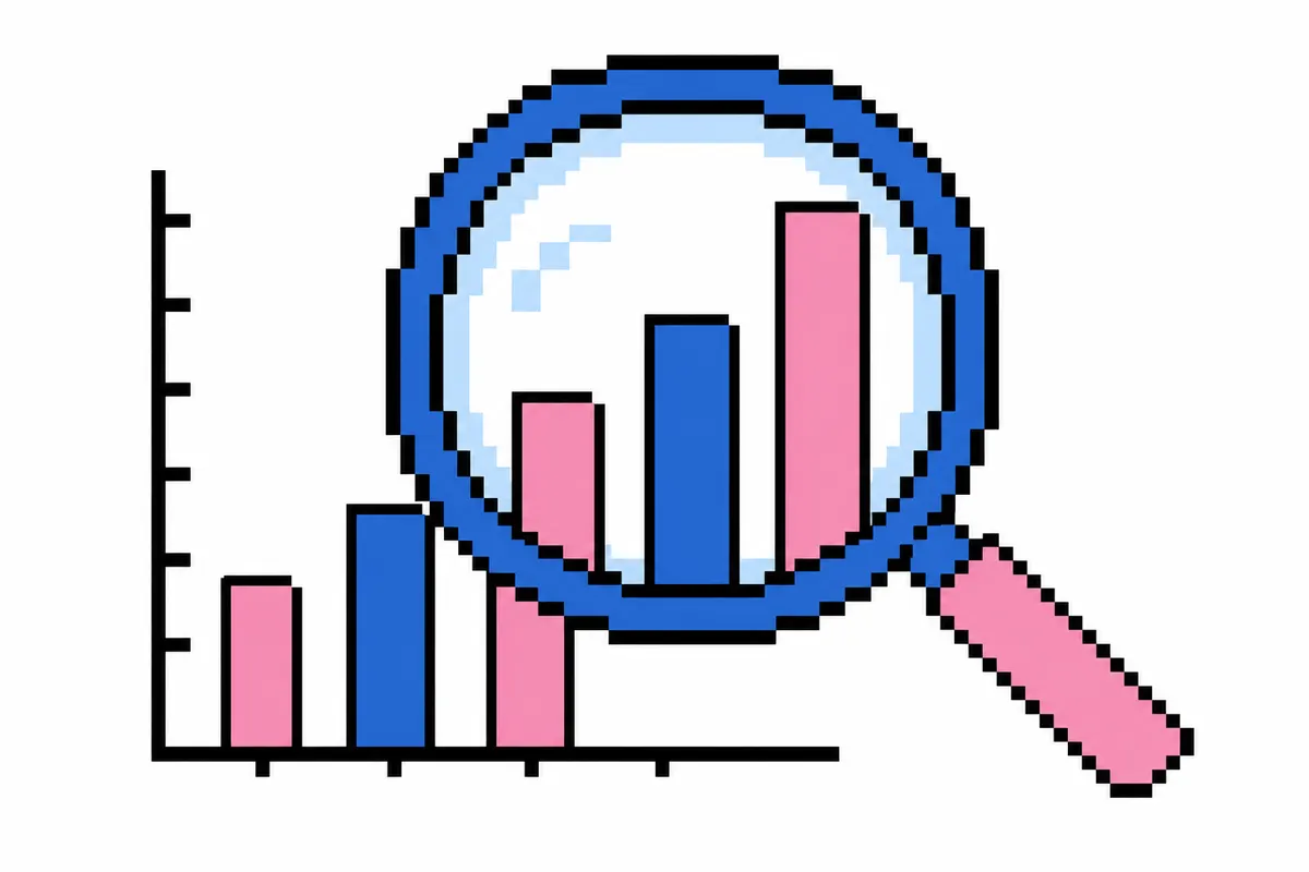 Lupa examinando um gráfico de barras em um fundo branco, representando a análise de dados de SEO