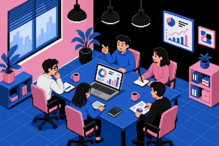 Pessoas colaborando em torno de uma mesa com um laptop exibindo dados de SEO, em uma sala de reunião moderna